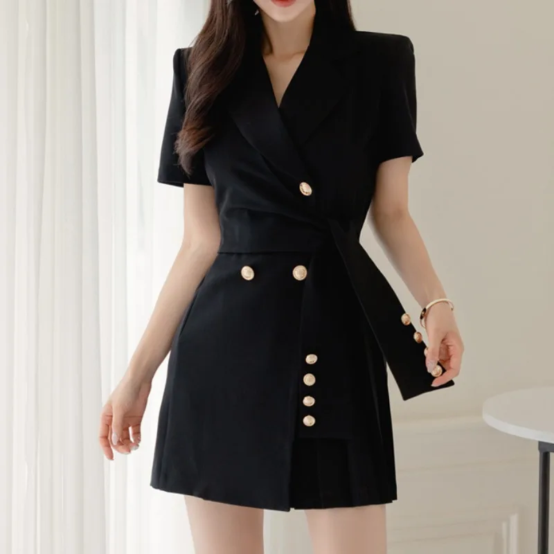 Chic Notched Neck Black Dress Bodycon Korean Elegant Summer Women's Clothing Business Office Lady Golden Button Vestidos