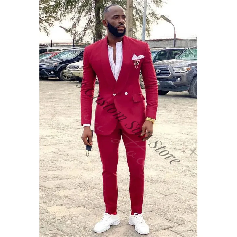 Casual Red Men's Suit Double Breasted Slim Fit Male Wedding Tuxedos Shawl Lapel 2 Pieces Jacket Pants Man Bespoke Groom Wear