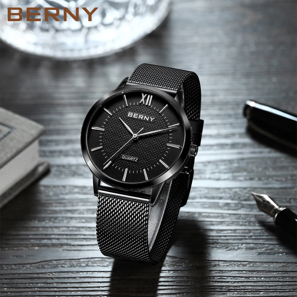 BERNY Watches for Men Ultra-thin Casual Fashion Quartz Wristwatches Stainless Steel Men\'s Watch Classic Minimalist Waterproof