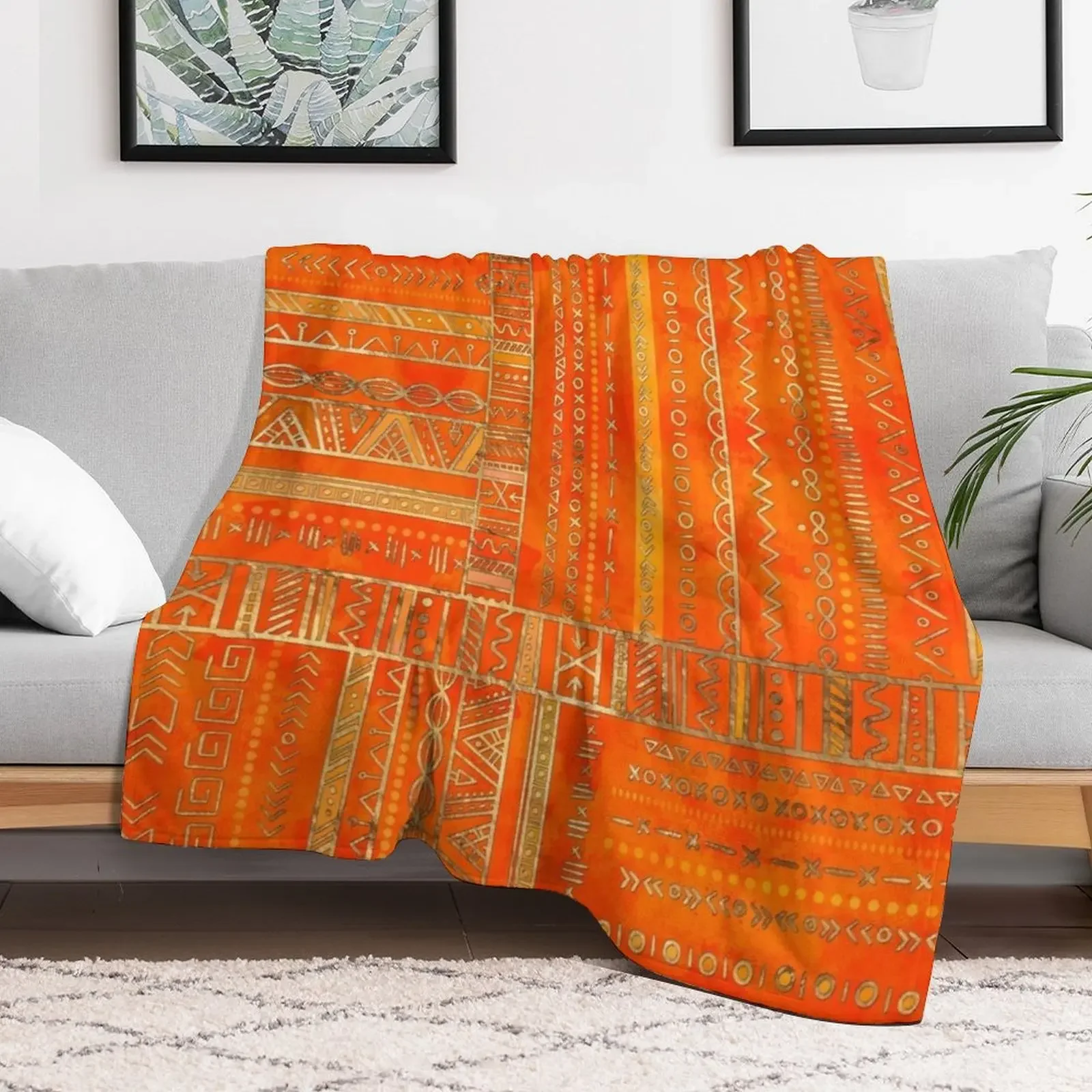 Tribal Ethnic pattern gold on bright orange Throw Blanket No Pilling Soft Warm Blanket for Bed