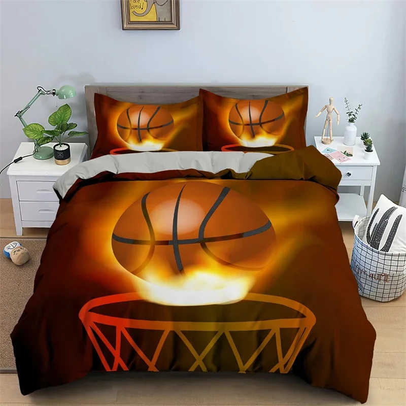 Basketball Duvet Cover Set Black 3D Ball Sports Theme Bedding Set Microfiber Basketball Court Competitive Games King Quilt Cover