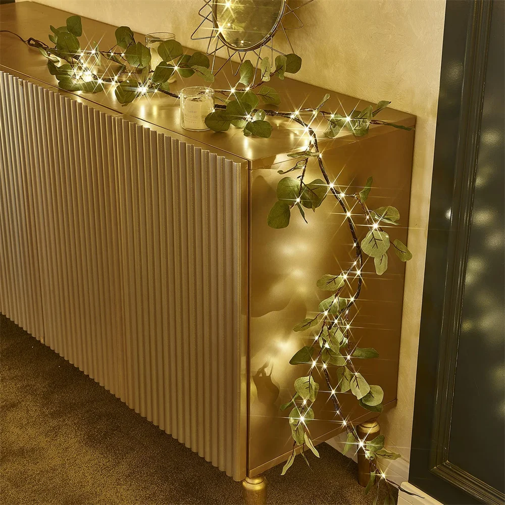 2M 10M Artificial Eucalyptus String Light Battery Operated Garland Vines Light for Christmas Party Holiday Indoor Outdoor Decor