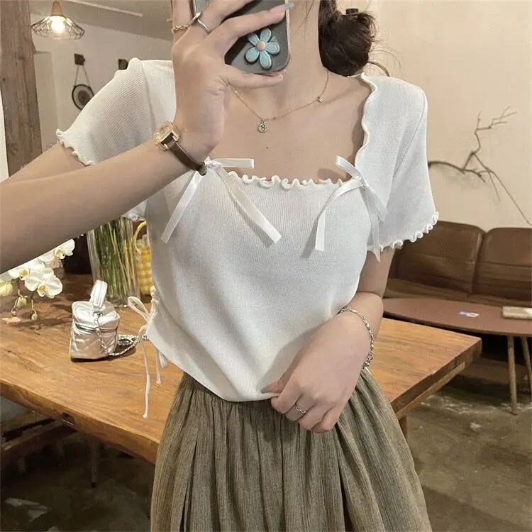 Summer Women's T-Shirts Knitted Bow Lace Top Fashion Drawstring Design Sweet Girl's T-Shirt Square Neck Short Sleeved Shirts