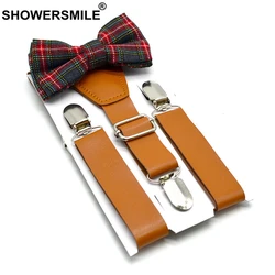 SHOWERSMILE Children Suspenders Bow Tie Leather British Style Boys Suspenders Vintage Wedding Brown Kids Braces 75cm*2.5cm