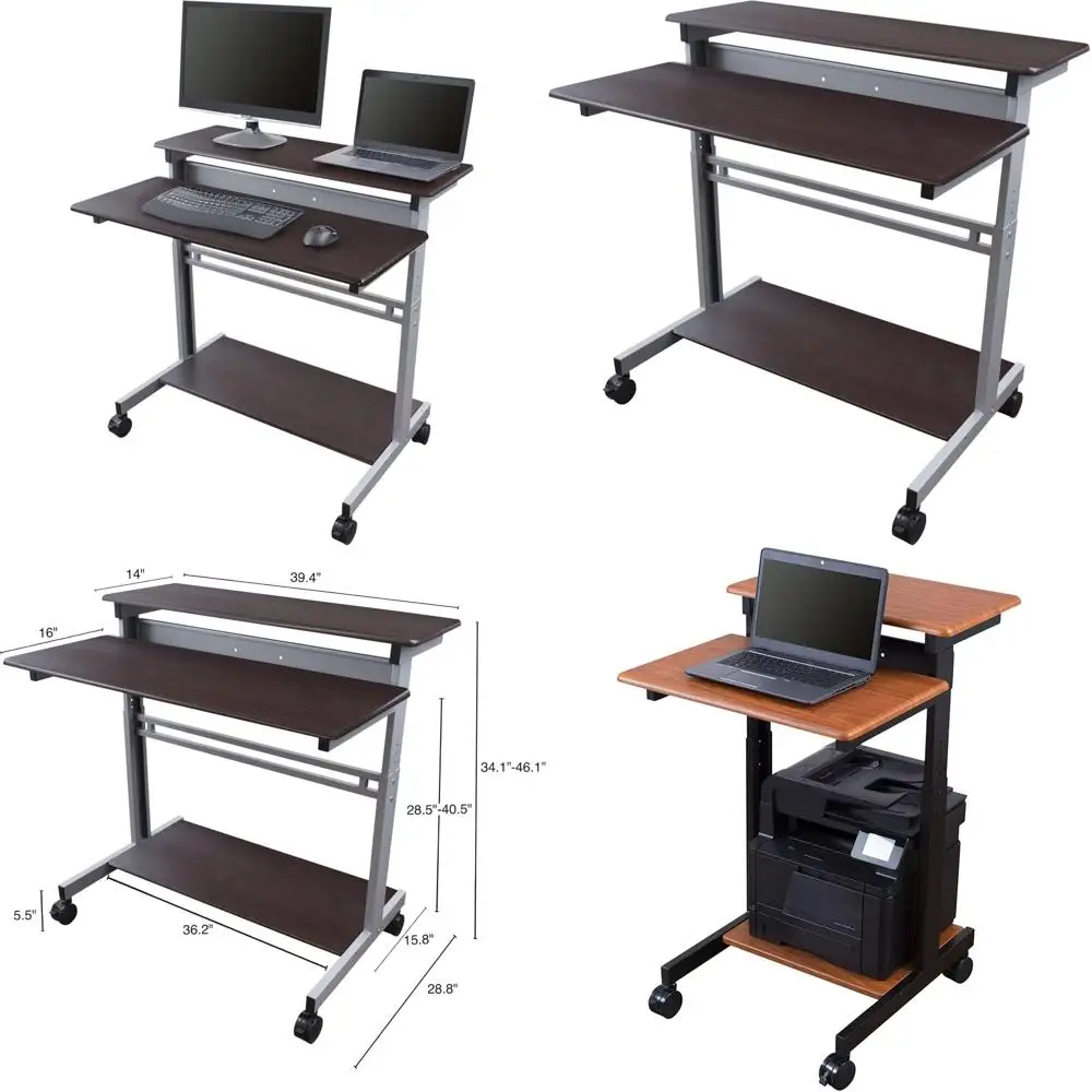 

Adjustable Height Two-Tier Standing Desk, Silver Frame, Dark Walnut Top, 40 Wide, Rolling Computer Workstation
