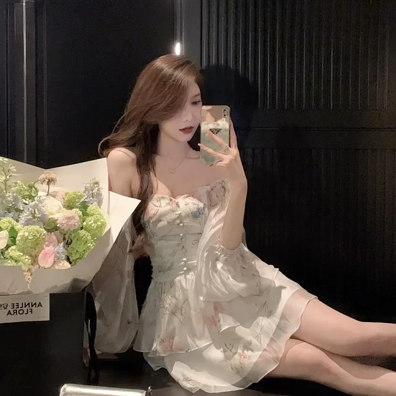 

French Elegant Floral Mini Dress Summer Chiffon Evening Party Dress Y2k Women Holiday Beach Boho Fairy Dress Korean Robes Платье