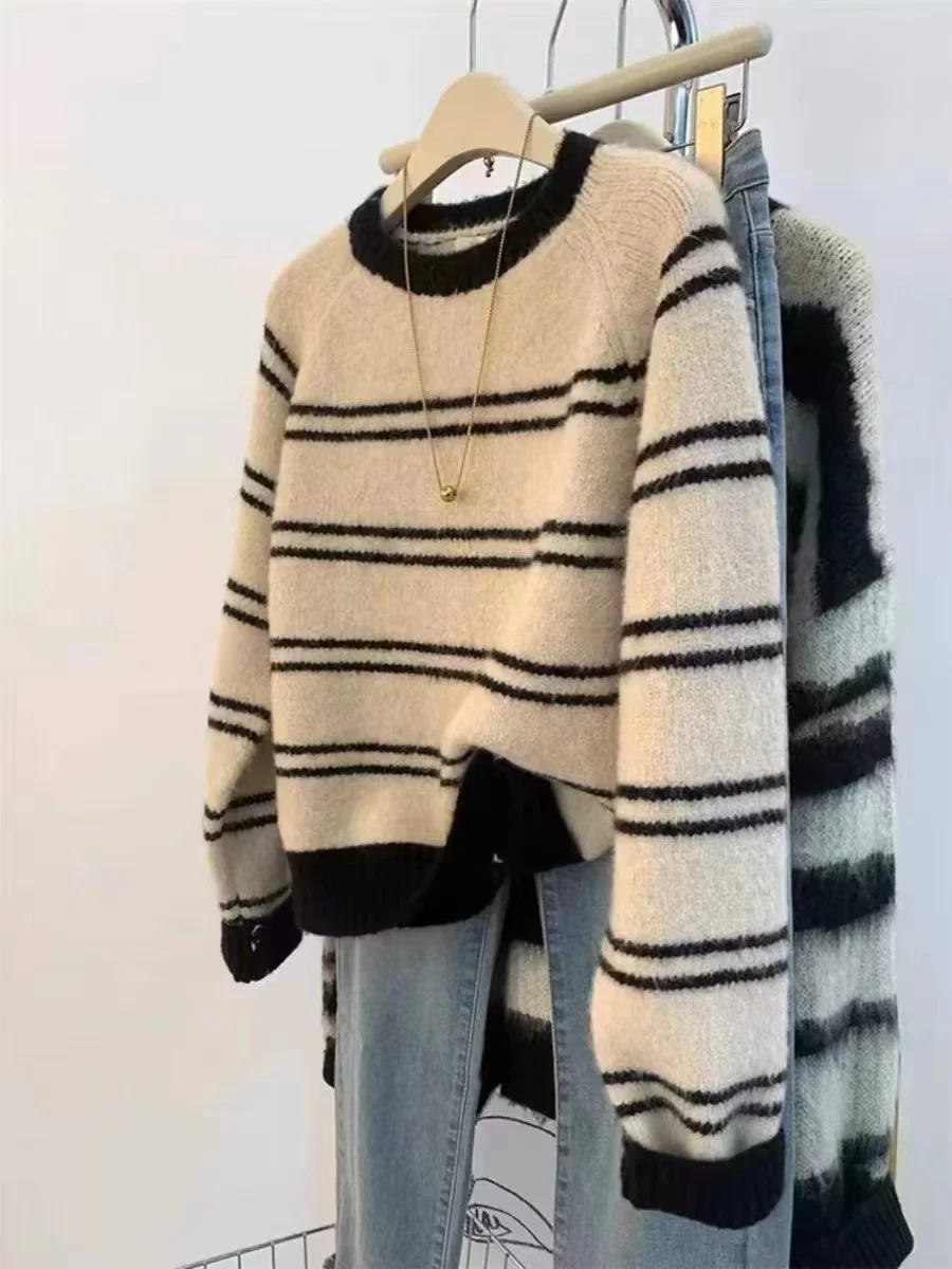 

New Lazy Style Soft Waxy Pullover Striped Sweater for Women Autumn and Winter Thickened Inner Layering Retro Bottoming Sweater