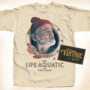 The Life Aquatic with Steve Zissou V1 T shirt Tee Natural Vintage Cotton Movie Poster Beige All Sizes