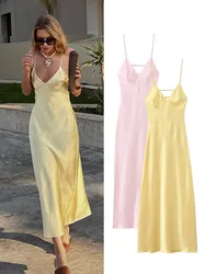 HH Women Elegant Sleeveless Backless V-Neck Rear Zipper Sexy Midi Dress Woman Summer Solid Slim Beach Party Sling Dress