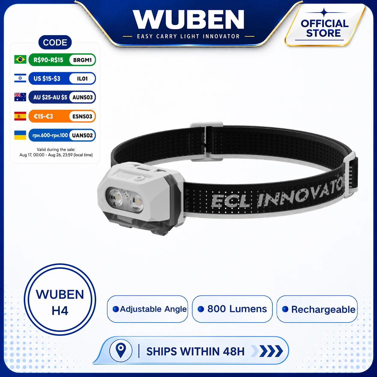 Lanterna de Cabeça WUBEN H4, Luz LED Recarregável de 800LM, 80g, Ângulo Ajustável, Mãos Livres para Camping, Caminhadas, Corrida, Atividades ao Ar Livre