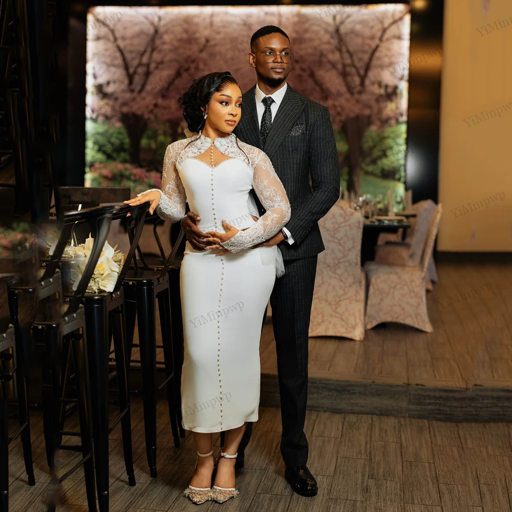Civil Wedding Dresses for Bride 2026 O-Neck Full Sleeve Tea Length Aso Ebi Nigeria Lace Bridal Reception Dresses Customized
