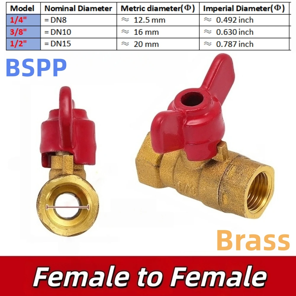 Brass Ball Valve 1/4 3/8 1/2 BSPP Female Thread Shut Off Switch with Butterfly Handle for Water Gas Oil Air Pipe Connector