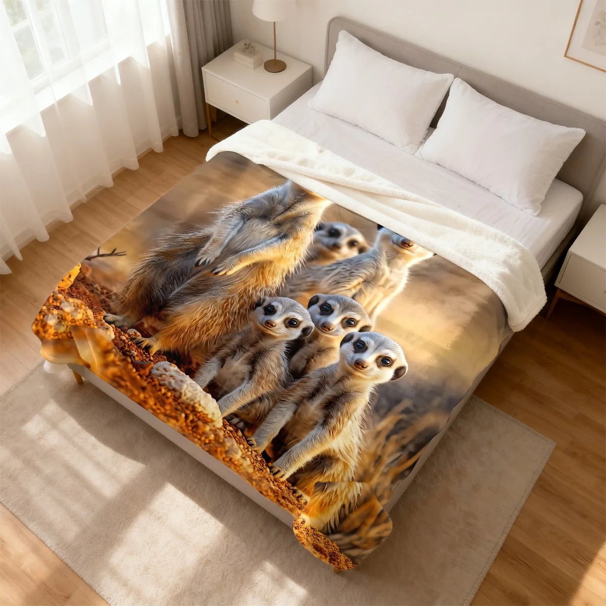 All-Season Cute Meerkat Family Flannel Blanket Soft Cozy Warm Throw for Sofa Couch Adorable Wild Animal Print Blanket Decor