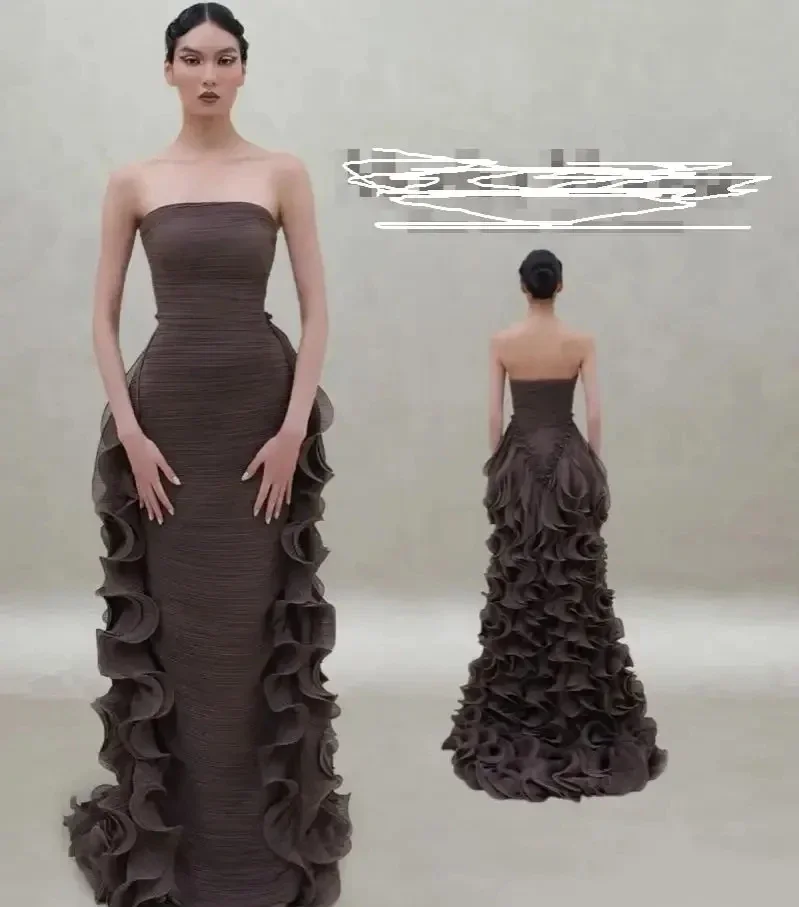 Arabia Luxury Chocolate Brown Structured Evening Dresses Strapless Ruched Mermaid Gown With Layered Ruffles For Gala & Prom