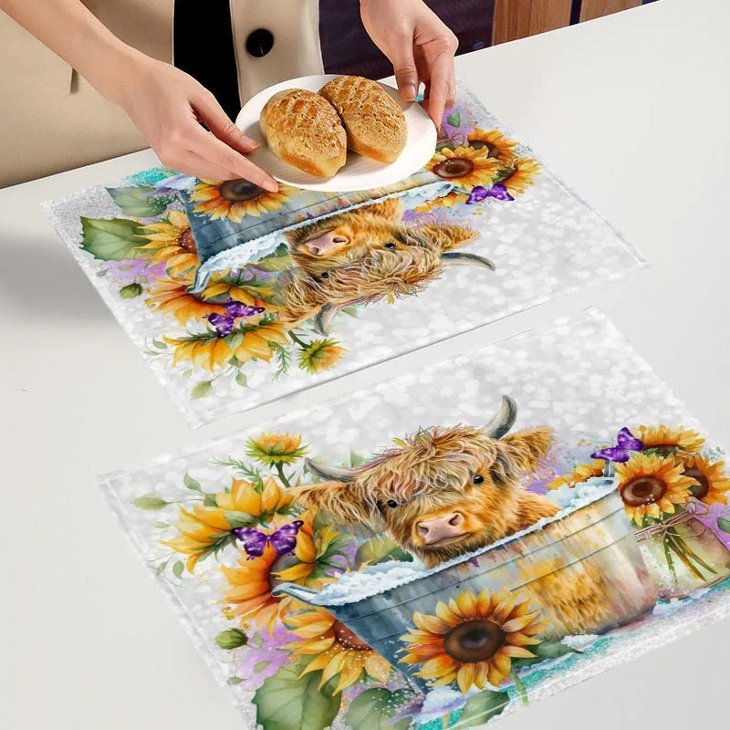 Highland Cow With Sunflowers Table Mat Kitchen Tableware Linen Placemat For Table Mats Drink Cup Coaster Kitchen Accessories