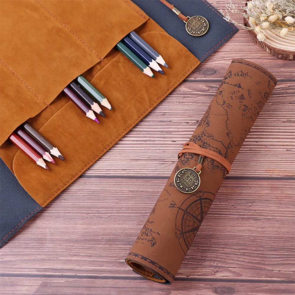 Retro Treasure Map Roll Pencil Case PU Leather Large Capacity Pen Bag Makeup Brush Pouch Pencilcase School Stationery Supplies