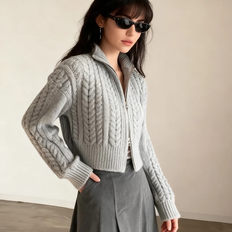 New Cardigan Double Zipper Women Sweaters Loose Short Coat Long Sleeve Elegant Fall Knitted Top Autumn Winter Casual Knitwear