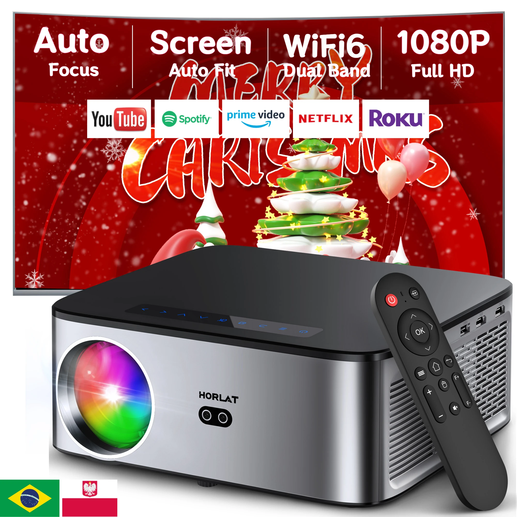 HORLAT Projector 4K 1080P Native 26000Lumens 800ANSI Android 9.0 Dual Band Wifi 6 Projector Office Home Theater Beamer Proyector