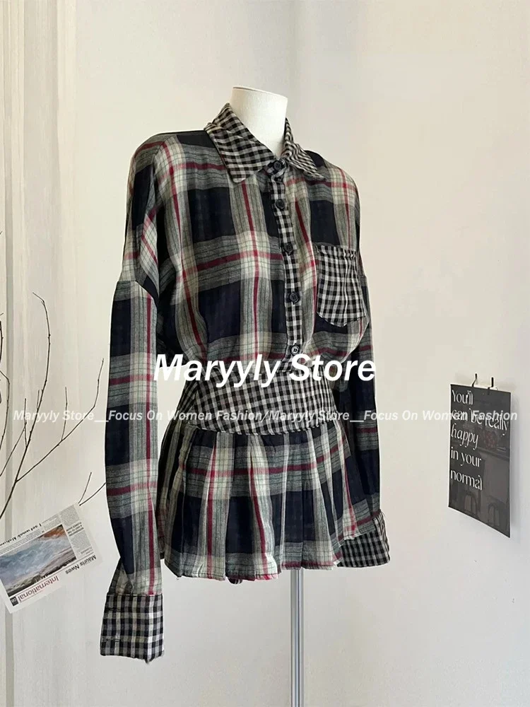 Autumn Y2k Vintage Plaid Outfits 2 Piece Set Women Elegant Long Sleeve Blouses + Pleated Mini Skirt Korean Fashion Skirt Set New