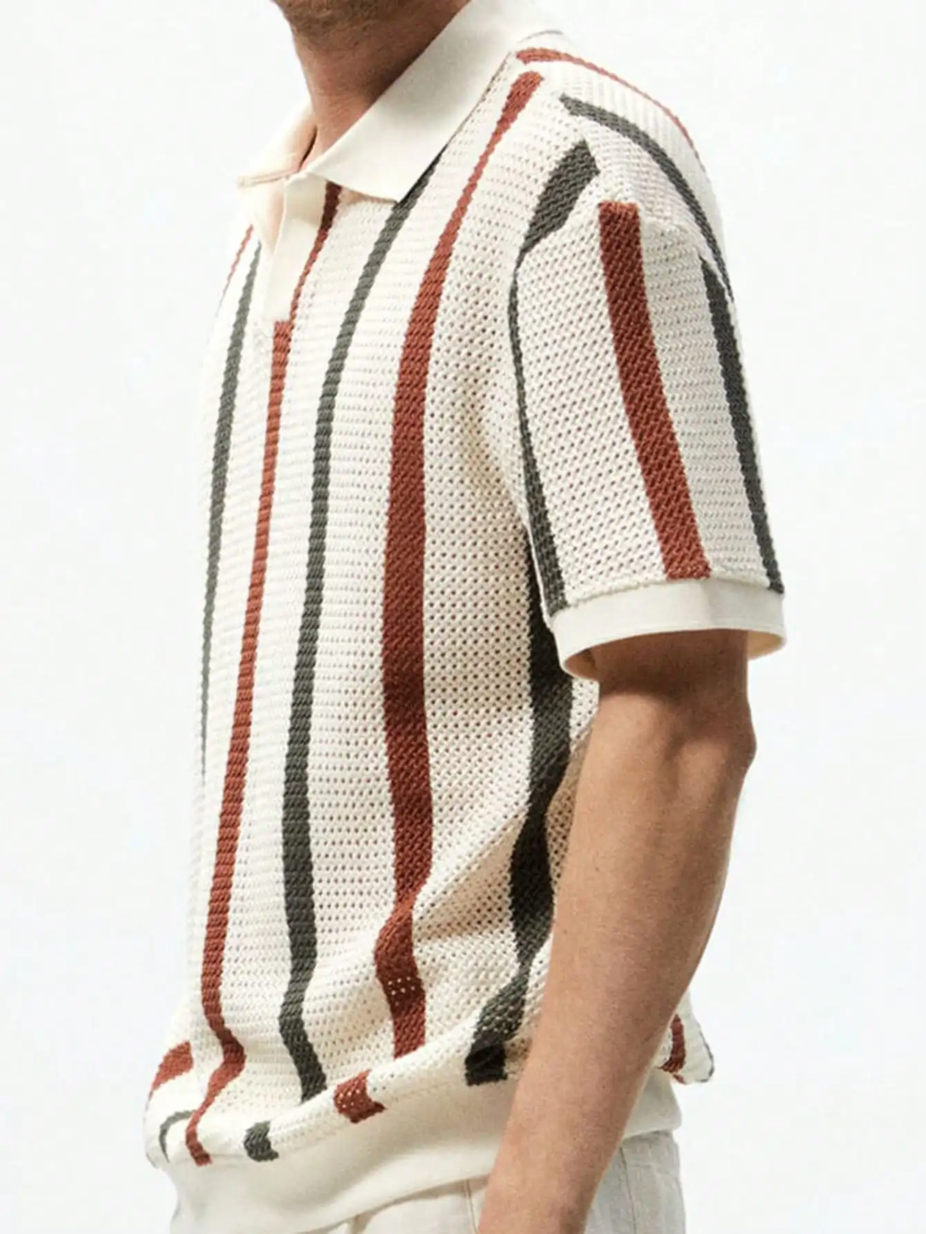 Men's Striped Knit Polo Shirt, Breathable Mesh Fabric, Casual Summer Wear