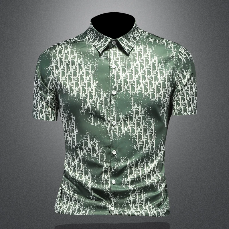 

Summer 2024 Men's Printed Casual irt Slim Fit ort Sve Youth Faionable Trendy Waed Plaid Fabric Square Collar