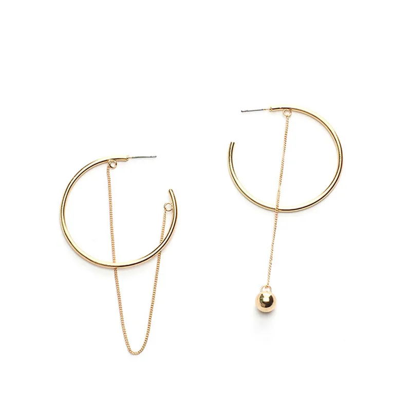 Simple Gold Color Asymmetric Circle Round Hoop Earrngs for Women Fashion Chain Tassel with Metal Ball Pendant Jewelry Gifts