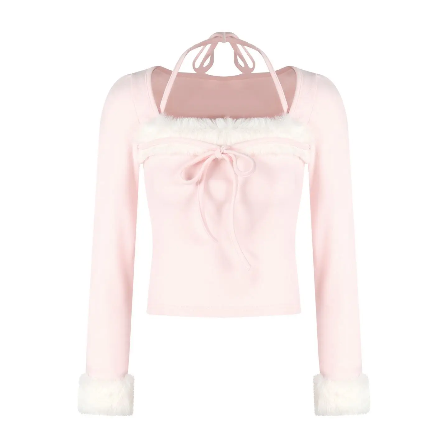 Sweet Fur Patchwork Square Neck Women's Long Sleeved T-Shirt Autumn New Spicy Girl Slim Fit Bottom Tops Elegant Slim Fit New