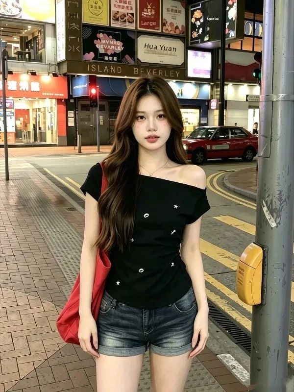 Slim Fit Short Sleeve T-Shirt Women's Summer Waist Cinching Diagonal Collar Black Top Korean Style Breathable Comfortable