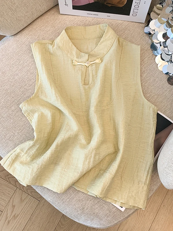 

New 2025 Summer Chinese Sle Cotton Linen ort Svel Women's Vest Loose Fit Hollow out High End Feeling Top