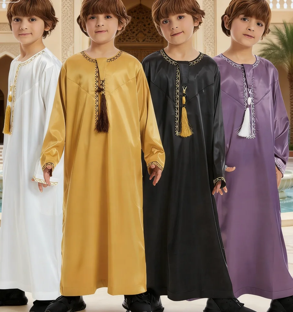 

Boys Children Islamic Muslims Jubba Thobe Kaftan Robe Arab Dubai Qatar Abaya Robe Tassel Eid Al Fitr Dress