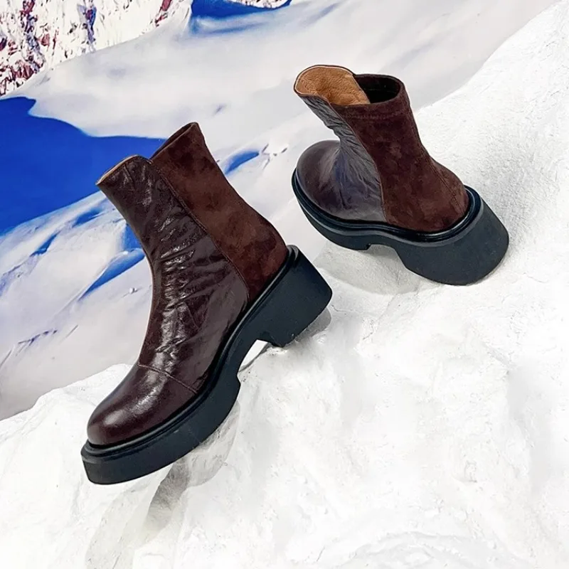 

Итальянские ботинки челси из овчины на толстой подошве в стиле пэчворк, женские повседневные ботильоны из натуральной кожи с круглым носком в британском стиле