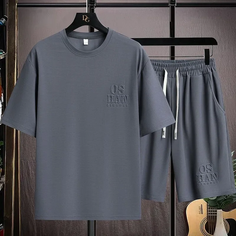 Men Embossed Letter Tracksuit Plus Size Loose Short Sleeve T Shirt Five Points Shorts Summer Sport Two Piece Outfit