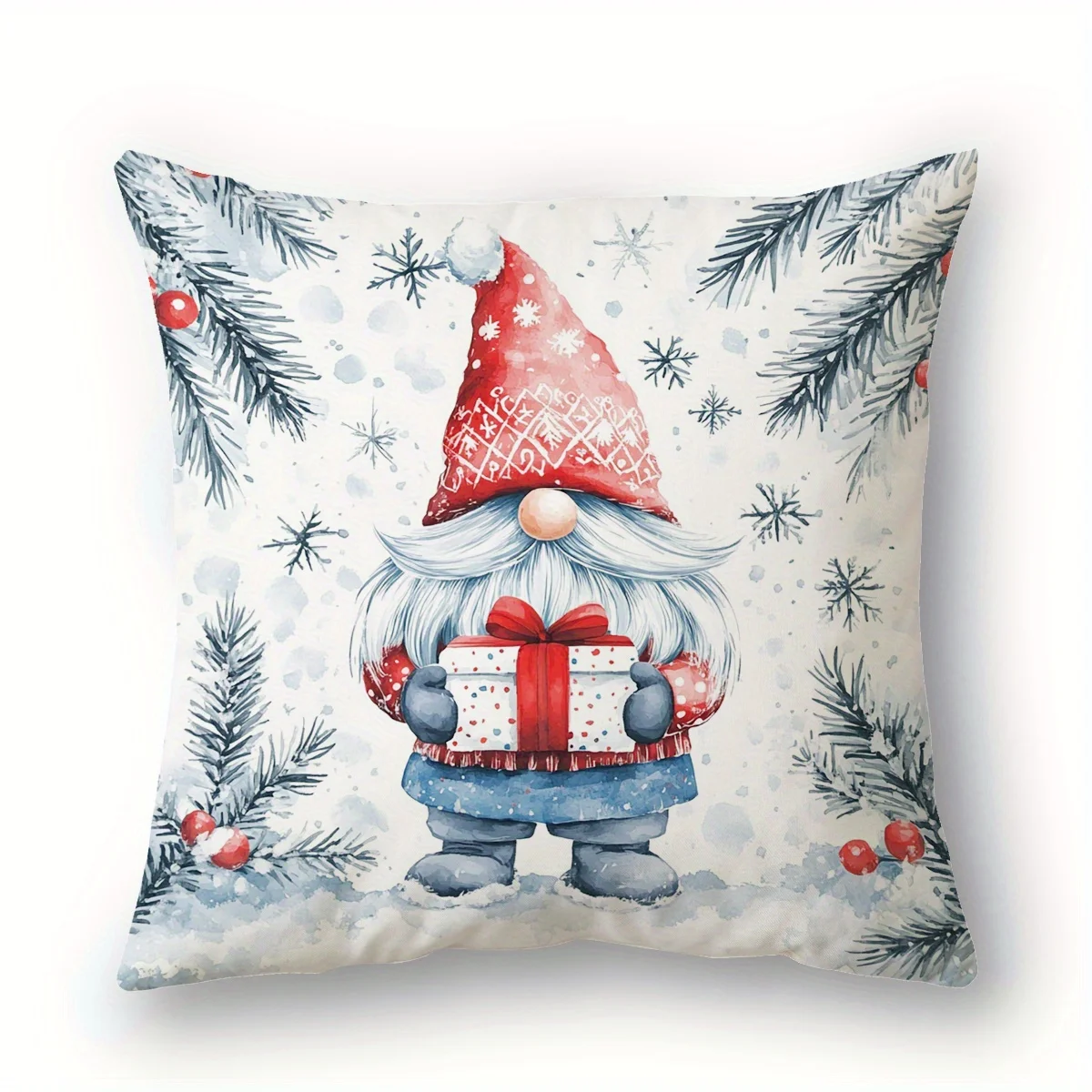 1pc Christmas Pillow Cover Festive Gnome with Gift Box & Snowflakes Design, 18x18 Inch Polyester Decorative Pillowcase