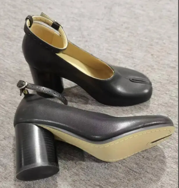 Factory Mary jane Ankle strap  round sperated toe block Heels Pumps black leather Chunky heels OL Dress shoes Real photo