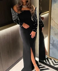 Customized Exquisite Mermaid Long Sleeves Evening Dresses Strapless Beadings Floor Length Side Split Prom Dresses Party Dresses