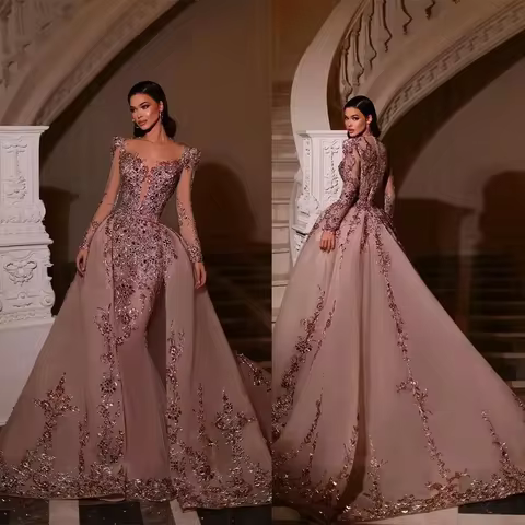 Customized Elegant Mermaid Decal Formal Women's Evening Dress With V-Neck Long Sleeves And Detachable Train Formal Party Dress