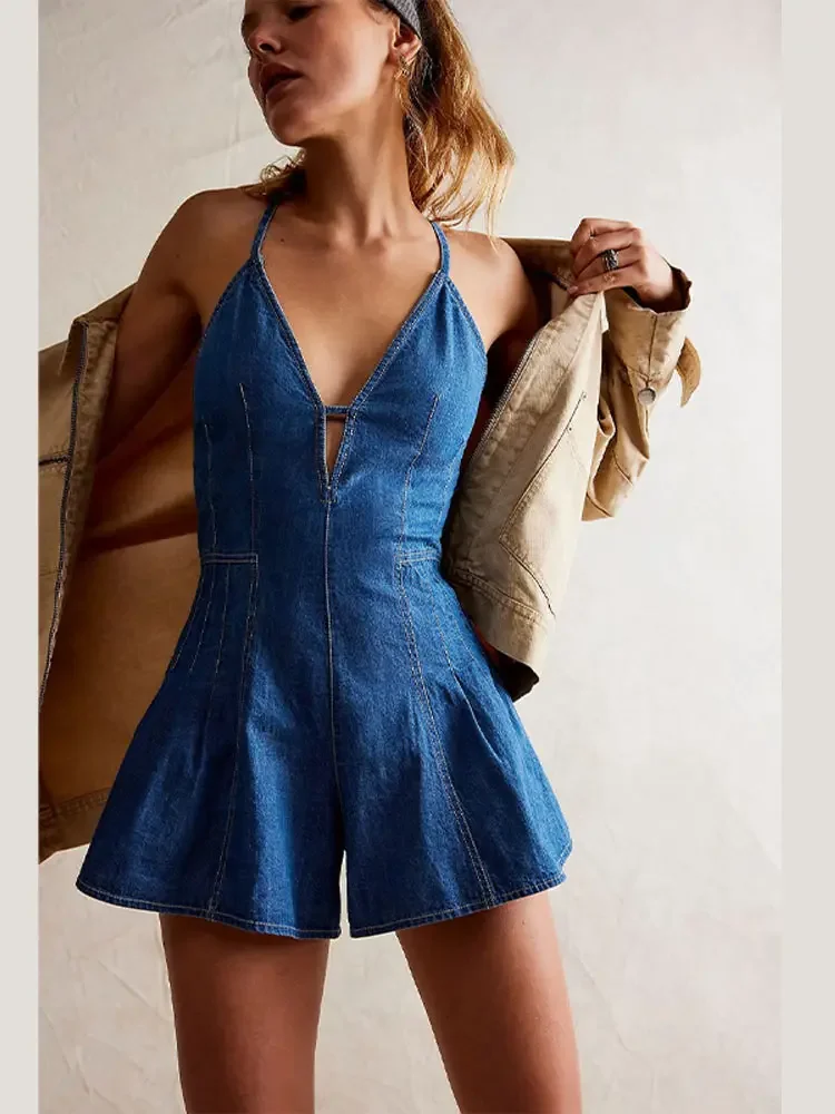 

Chic Women's Sleeveless Backless Denim Short Jumpsuits Summer Sexy Deep-V Spaghetti Straps Baggy Jeans Shorts Rompers For Woman
