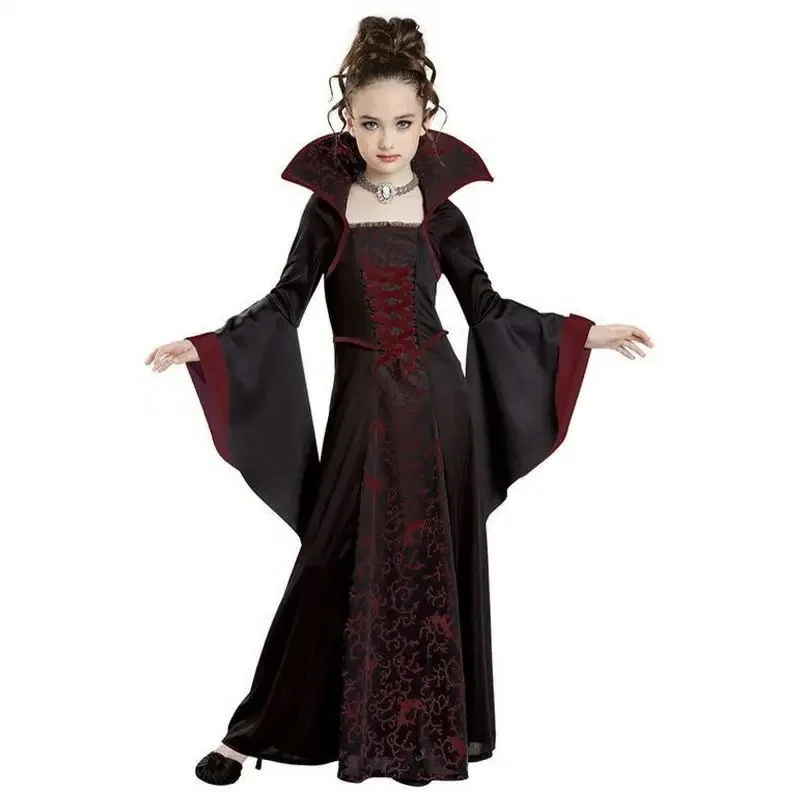 Abiti da strega per bambini Halloween medievale retrò in pizzo colletto rialzato vestiti per ragazza abito a maniche lunghe stampato cosplay ragazze