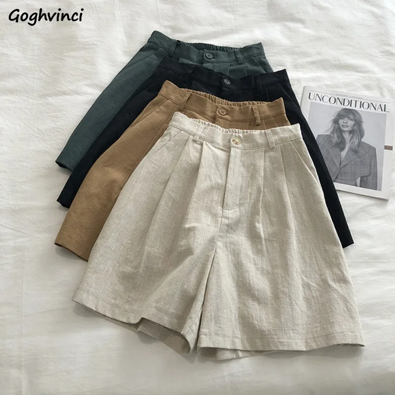Retro Solid Shorts Women Summer Cotton Linen Folds Design High Elastic Waist Pockets Single Button Wide Leg Loose Slim All-match