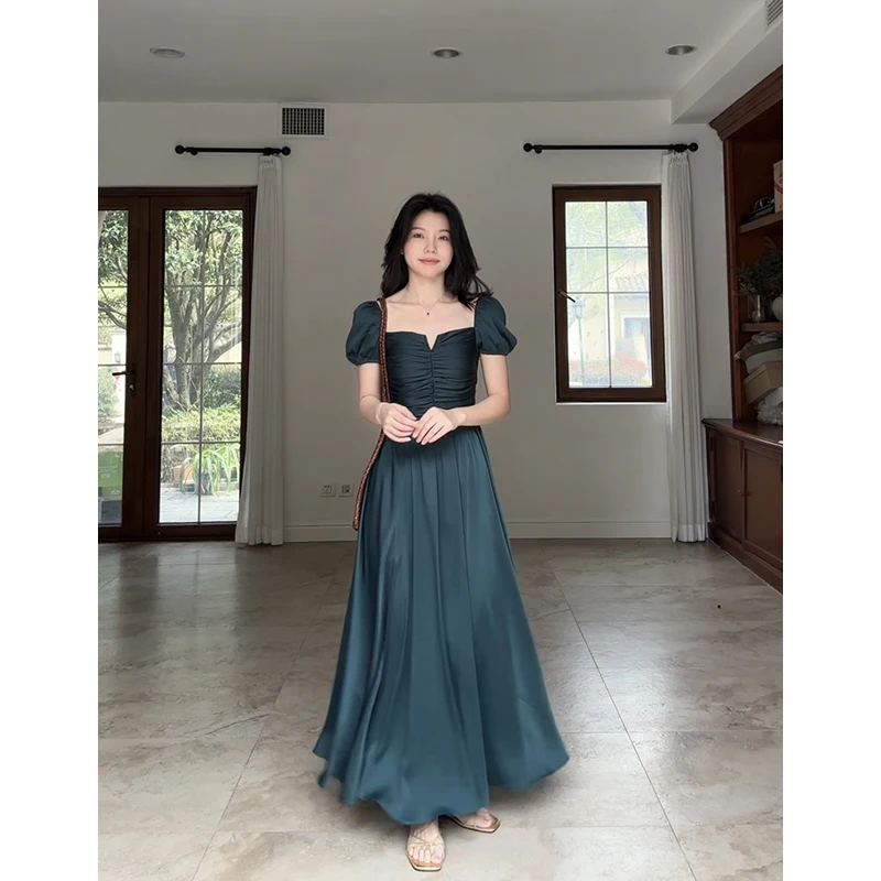 

Летнее элегантное платье Princ Sle Bubble Sve Slimming Split Long Dr с подкладкой на груди, из полиэфирного волокна, с коротким рукавом, квадратным вырезом.