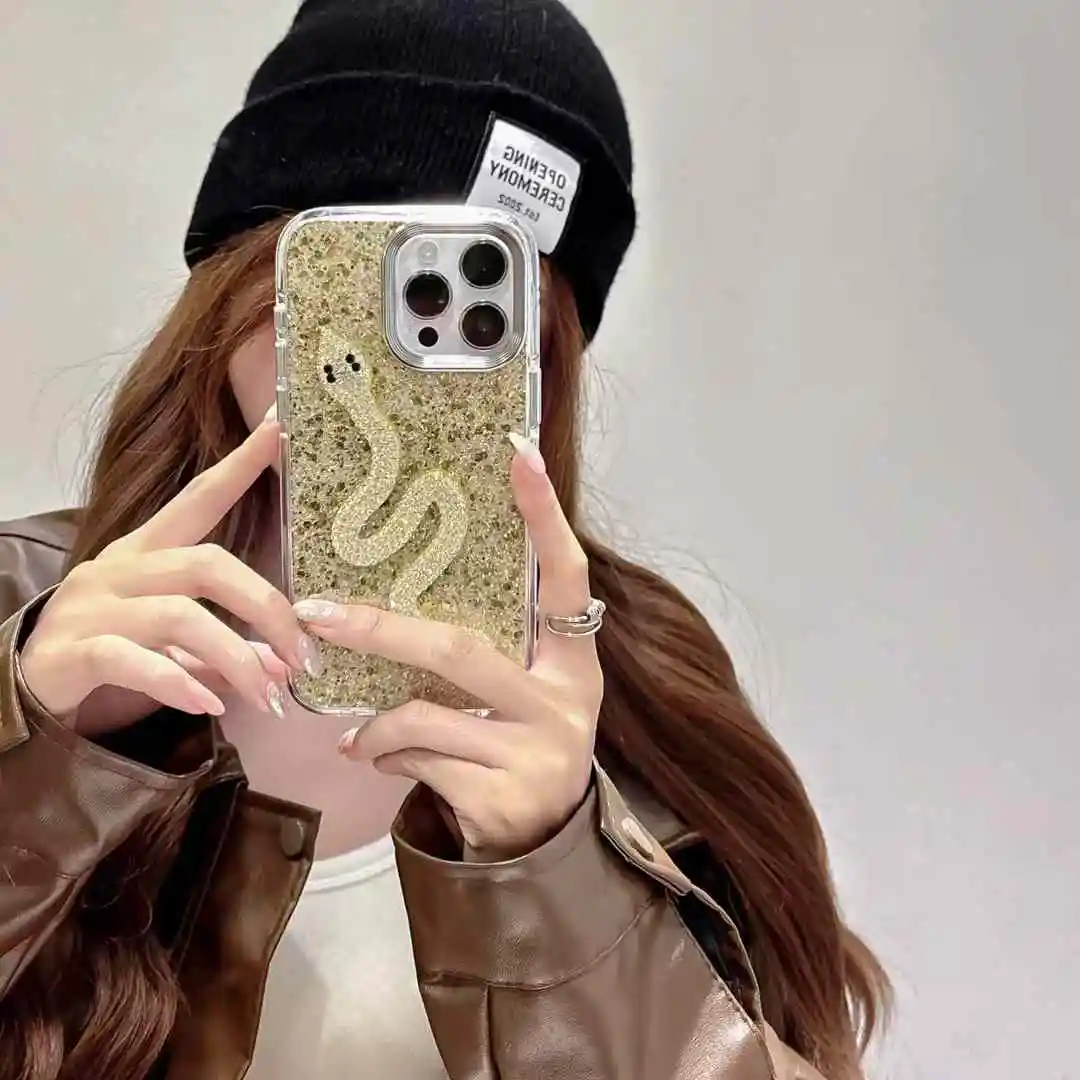 Luxury Creative Rhinestones Snake Epoxy Phone Case For iPhone 16 15 14 13 12 Pro Max Stylish Glitter Shockproof Soft Cover Gift