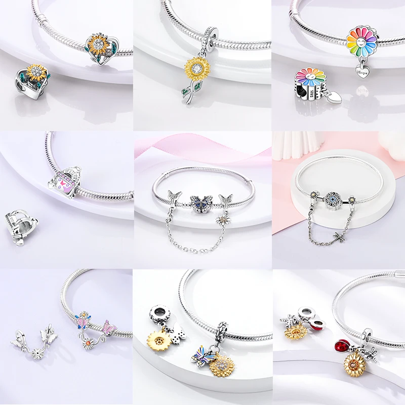 Katzen- und Sonnenblumen-Charm aus 925 Sterling Silber, gelbe Blume, Sonnenblume, Hausperlen, passend für Original-Armreifen, Damen-DIY-Schmuck – Detail 5