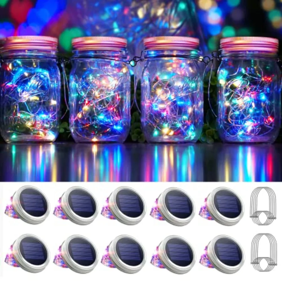 30 LED 10 Packs Mason Jar Lights with Hangers Colorful Solar Mason Jar Lids Fairy String Light Outdoor for Patio Yard Garden De