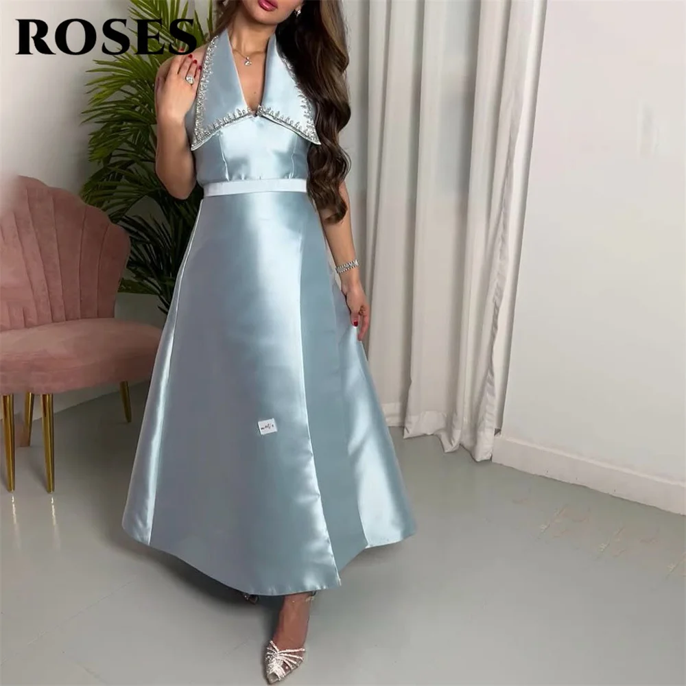 

ROSES Light Blue Prom Dress Halter Celebrity Dresses with Beaded Collar Women's Evening Dress A Line Satin for Gala Customized