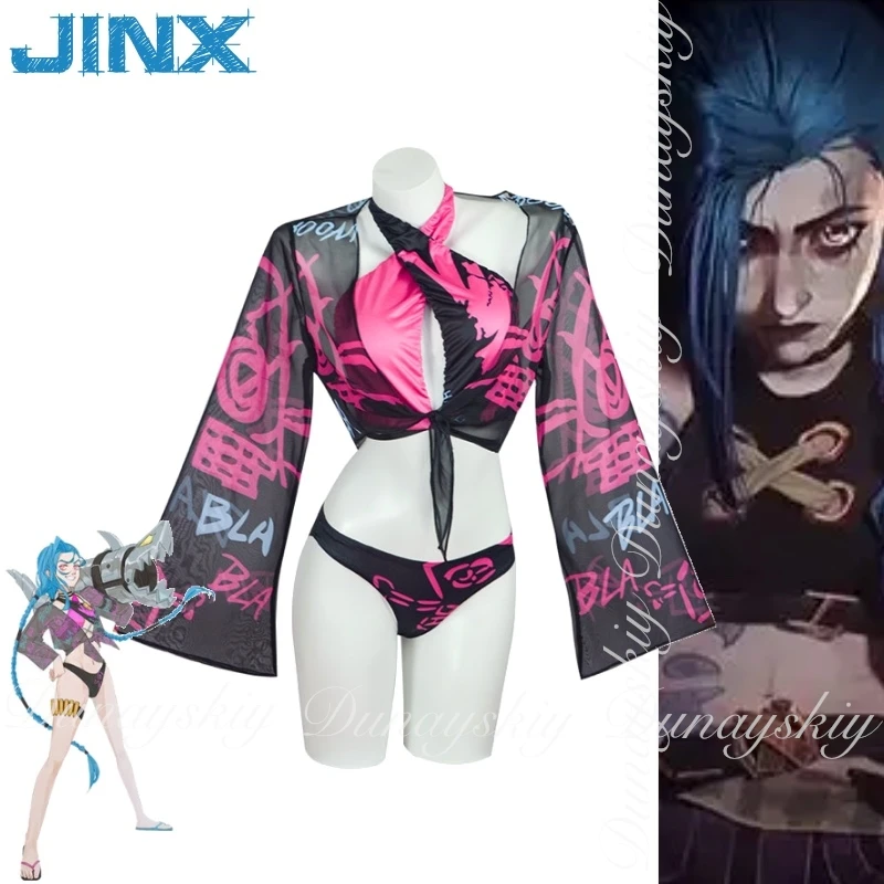 Arcane: League of Legends LOL Game Jinx Rampage Lori Cosplay Long Double Braids Swimsuit Bikini Cosplay Costume  Full Of Set