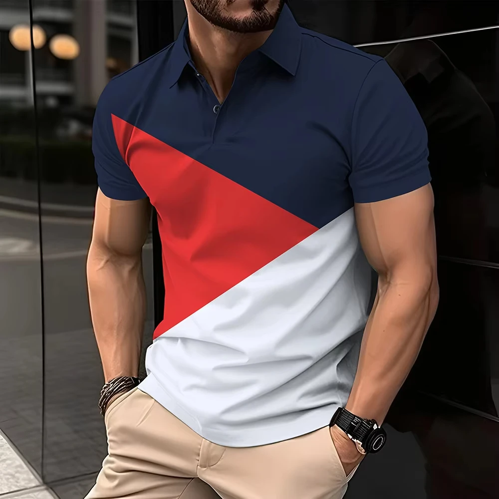 Business Leisure Men's Polo shirt Short Sleeve Lapel Stripe Geometry Spliced Tops Fashion Big Size Men Outdoor Sports Polo shirt