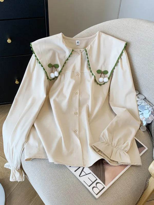 

Женская свободная блузка с вышивкой в виде вишни, с длинными рукавами и воротником-стойкой, молодежная, персикового цвета, в студенческом стиле, для ранней осени и весны