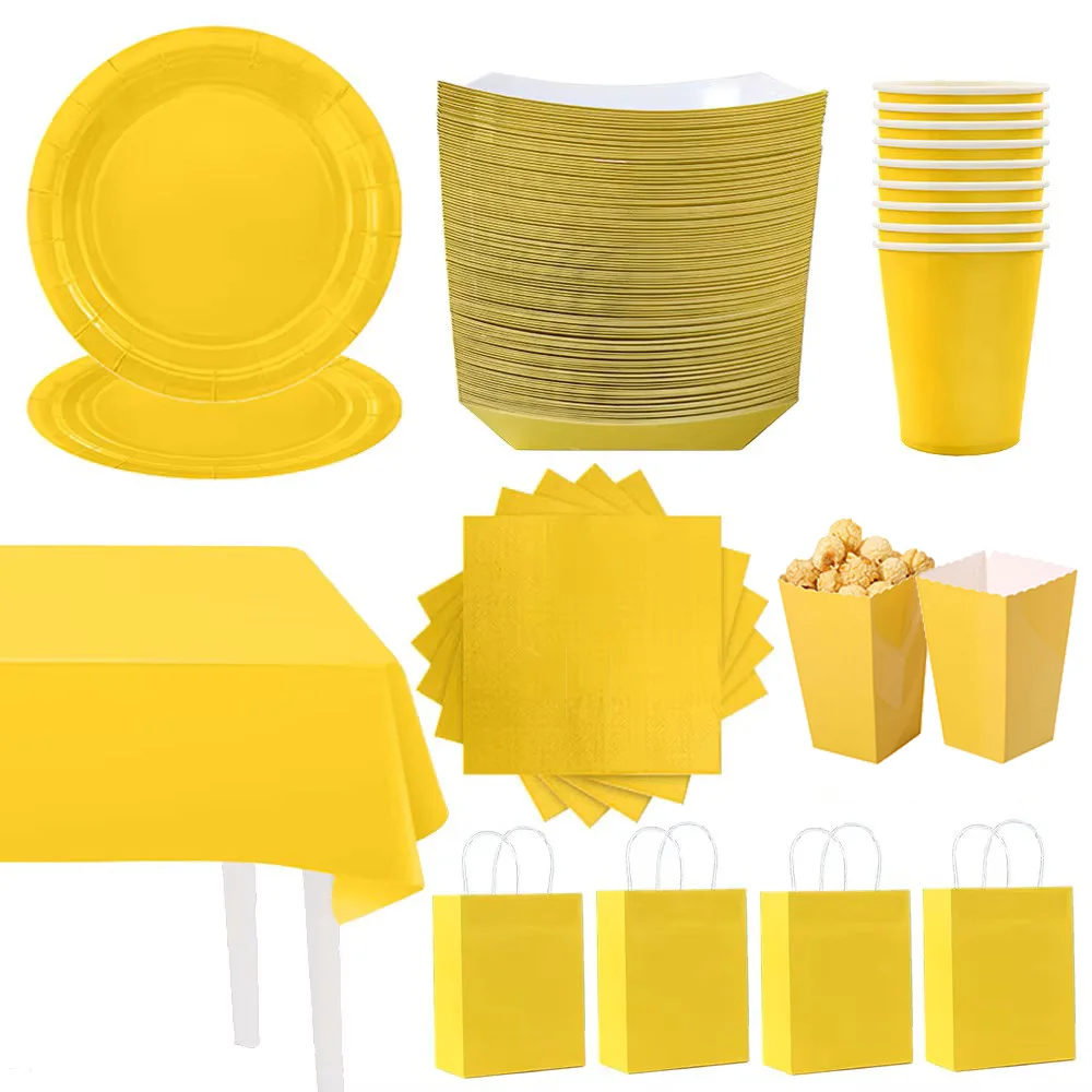 Decorações amarelas de aniversário, pratos amarelos, guardanapos, copos, toalha de mesa, bandeja de comida, papel, presente, suprimentos para festa, chá de bebê, decorações de festa