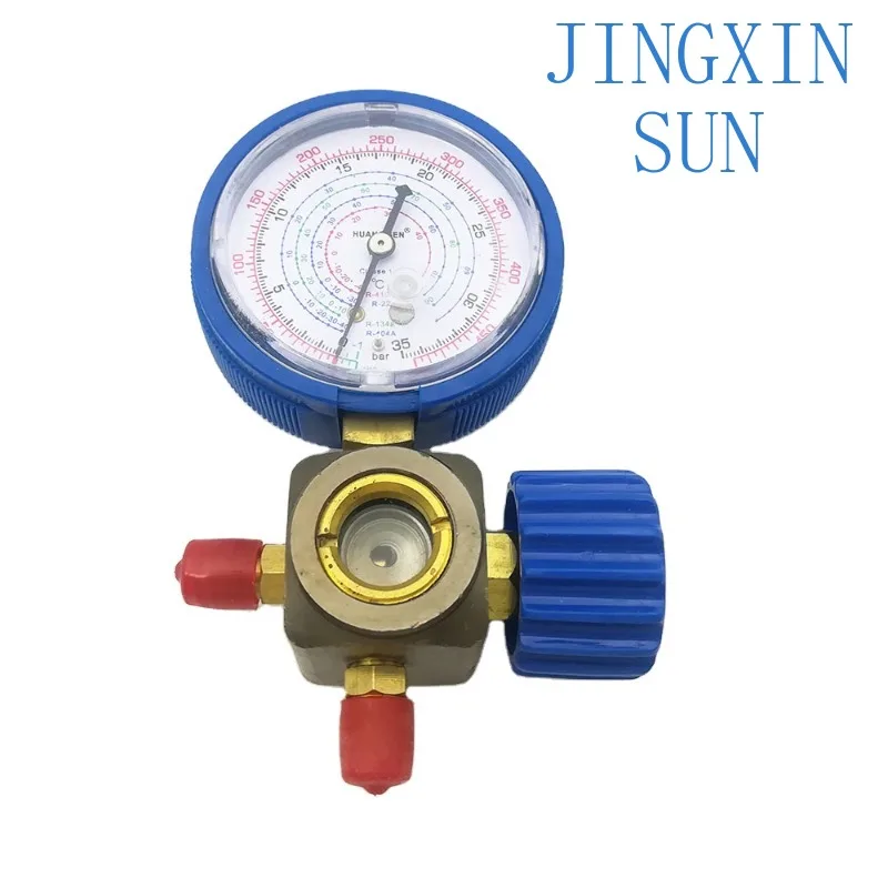Refrigerant single manifold gauge with single valve and aiming glass
