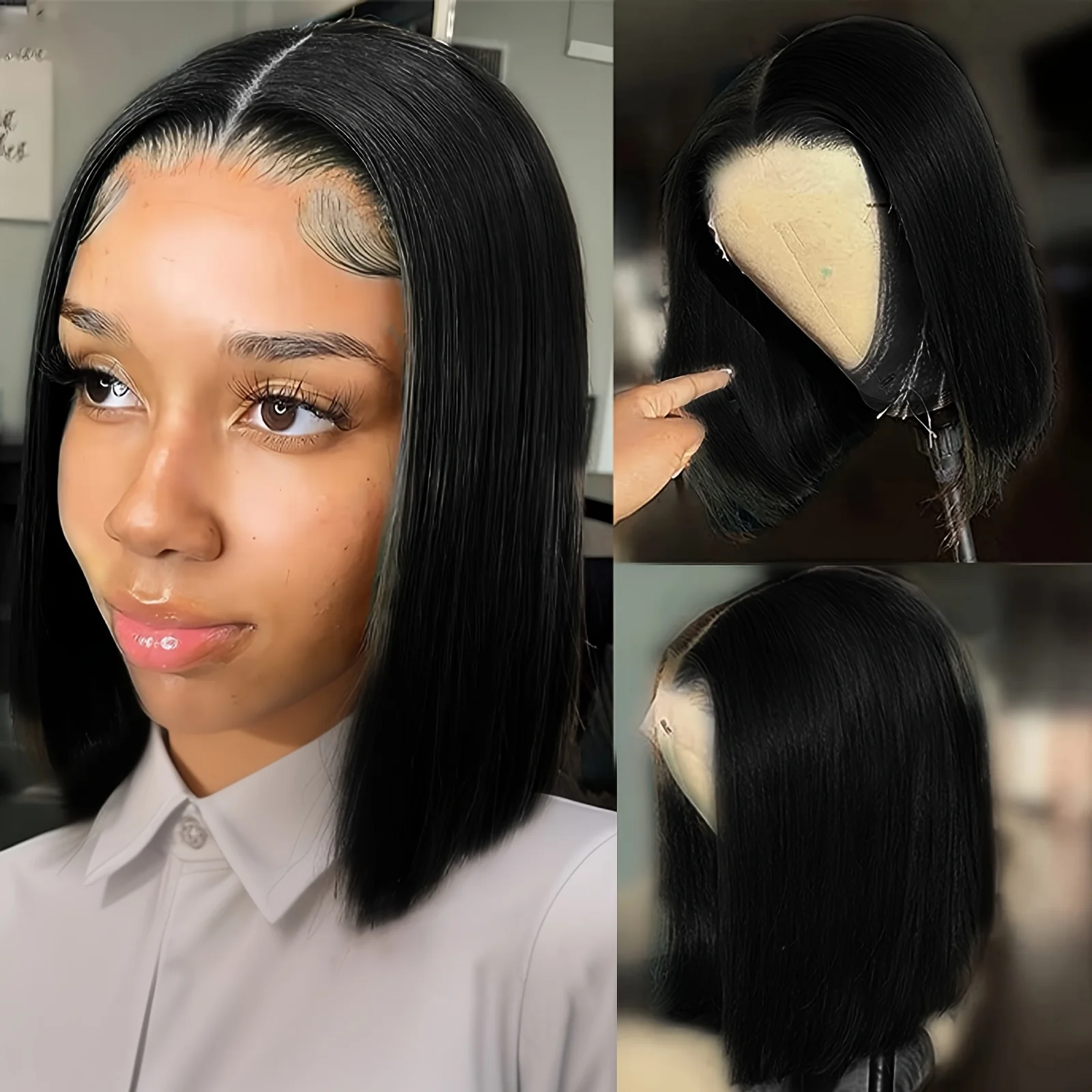 Straight Remy Hair Short Bob Wig 13x4  Lace Frontal Human Hair Wigs Pre Plucked Blunt Cut Straight Bob Wig Bleached Knots 16inch